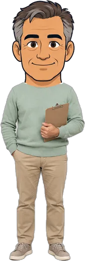 Tomas, a fictional colleague with a cartoon head, standing and facing forward.