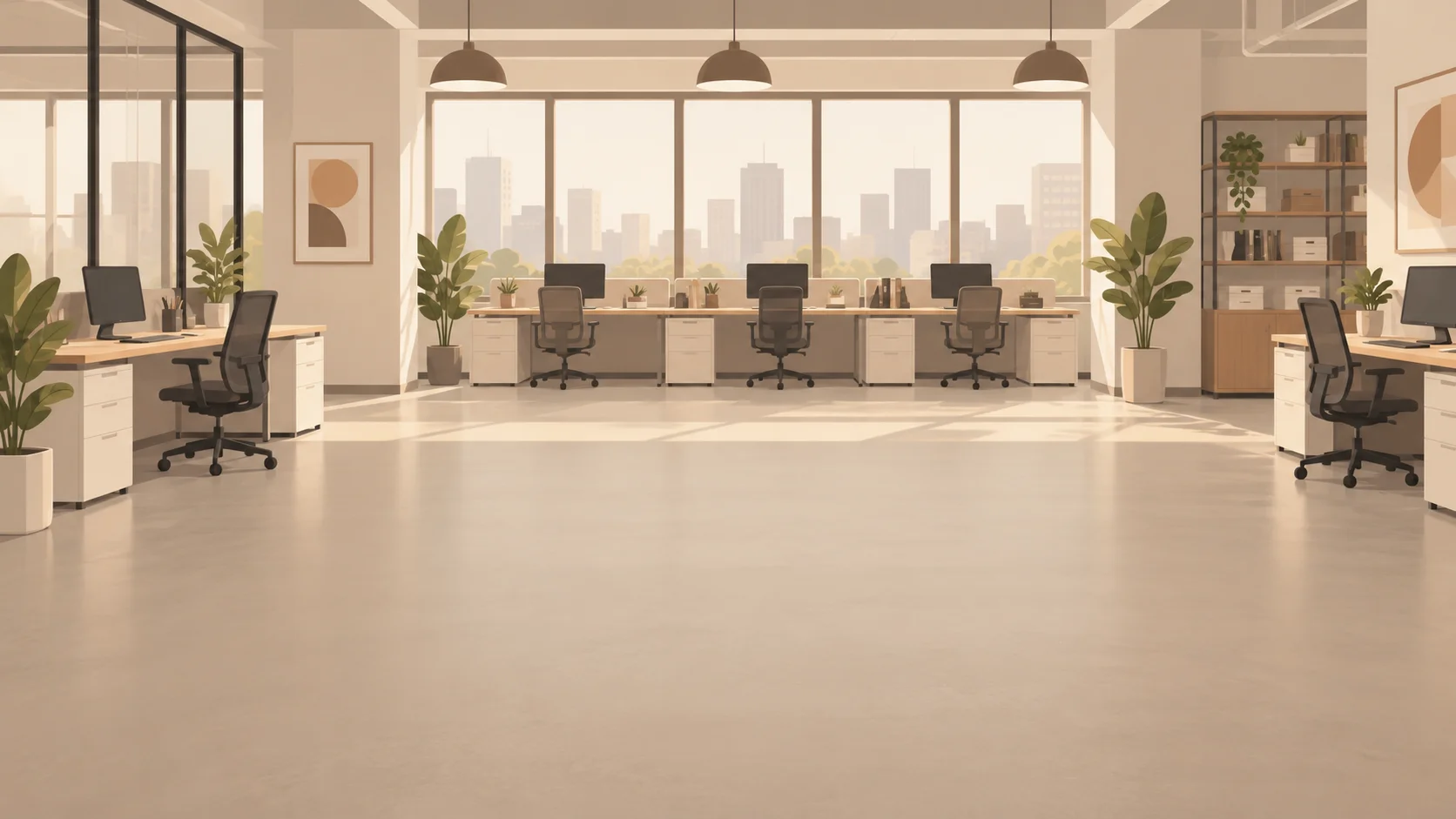 A fictional office desk with chairs and windows.