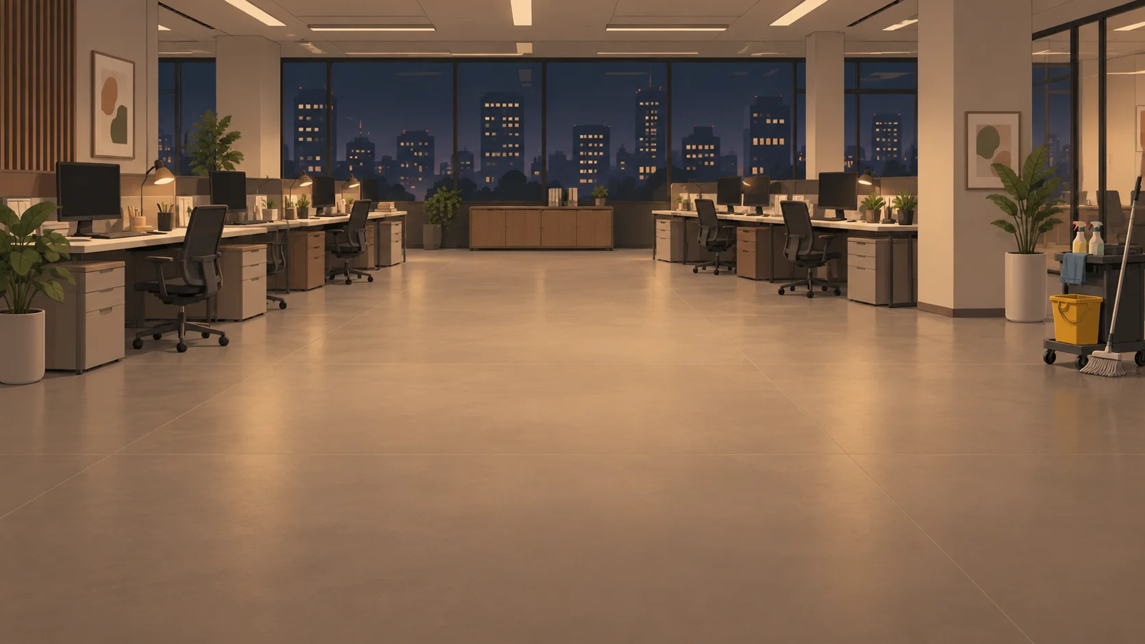 An empty open-plan office at night, the setting of the workshop title slide