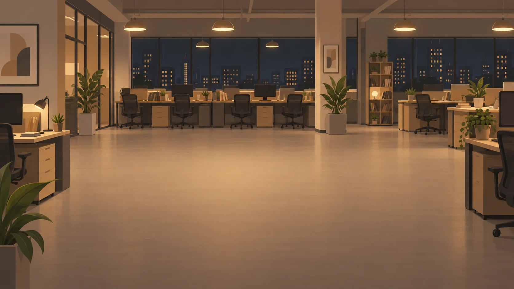 A fictional office at night with empty desks.