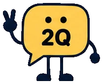 Q, the yellow two-question speech-bubble mascot, waving both hands