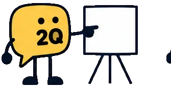 Q, the yellow 2Q speech-bubble guide, presenting beside a white board.