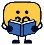 Q, the yellow 2Q speech-bubble guide, reading an open blue book.