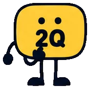 Q, the yellow 2Q speech-bubble guide, thinking with one hand at the chin.