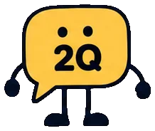 Q, the yellow 2Q speech-bubble guide, standing as the friendly practice guide.
